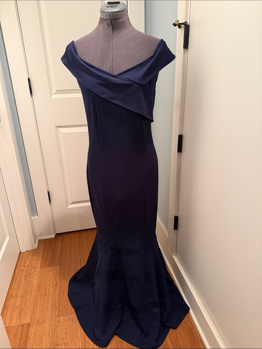 Off Shoulder Navy Evening Gown